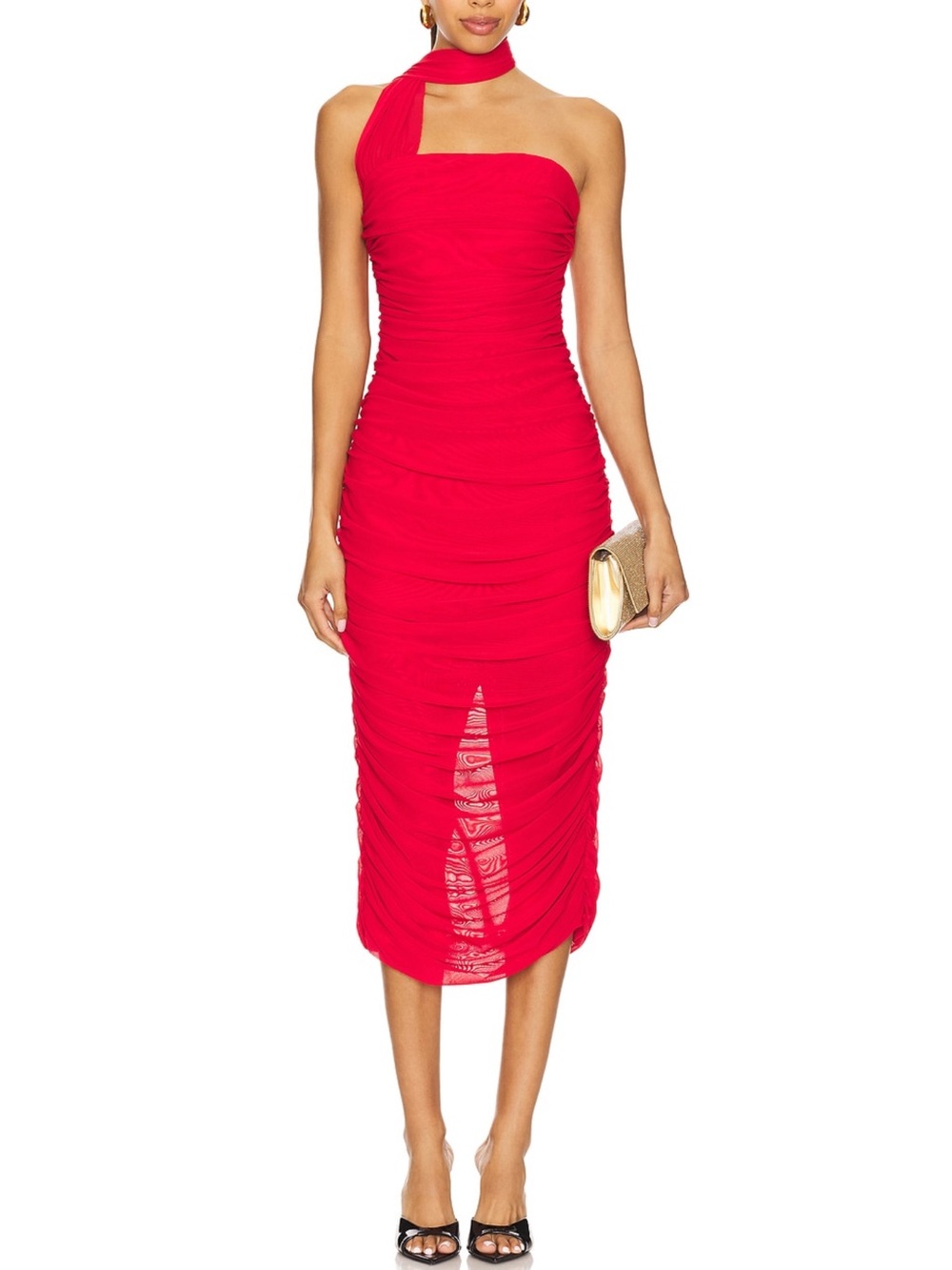 Elliatt Darya Red One-Shoulder Ruched Midi Dress XL